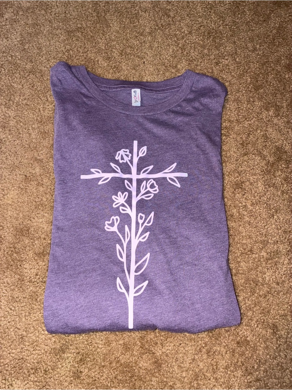 Purple Short Sleeve Tee with Pink Floral Cross Graphic